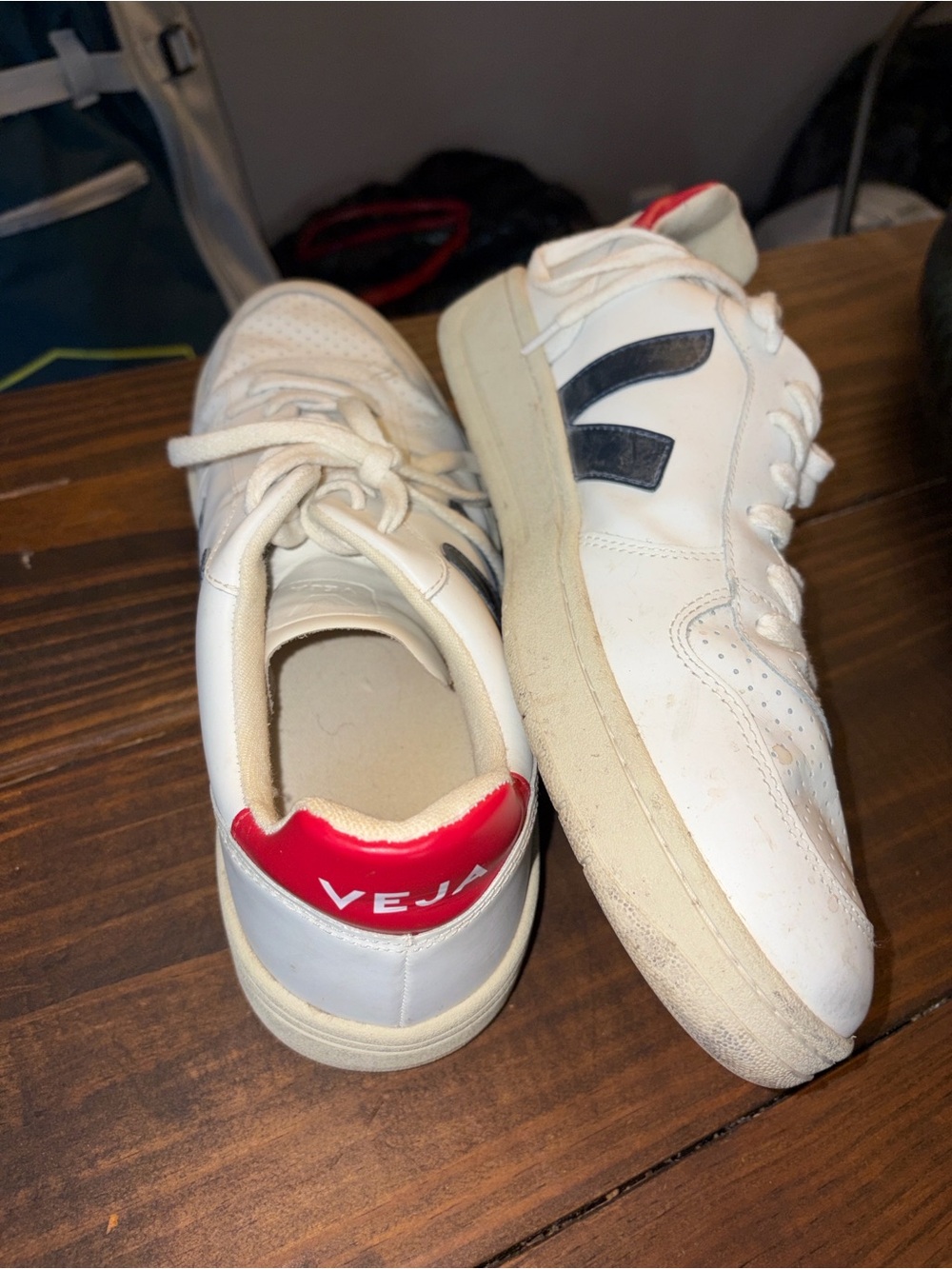 MENS Veja White Sneakers with Black V and Red Heel Accent